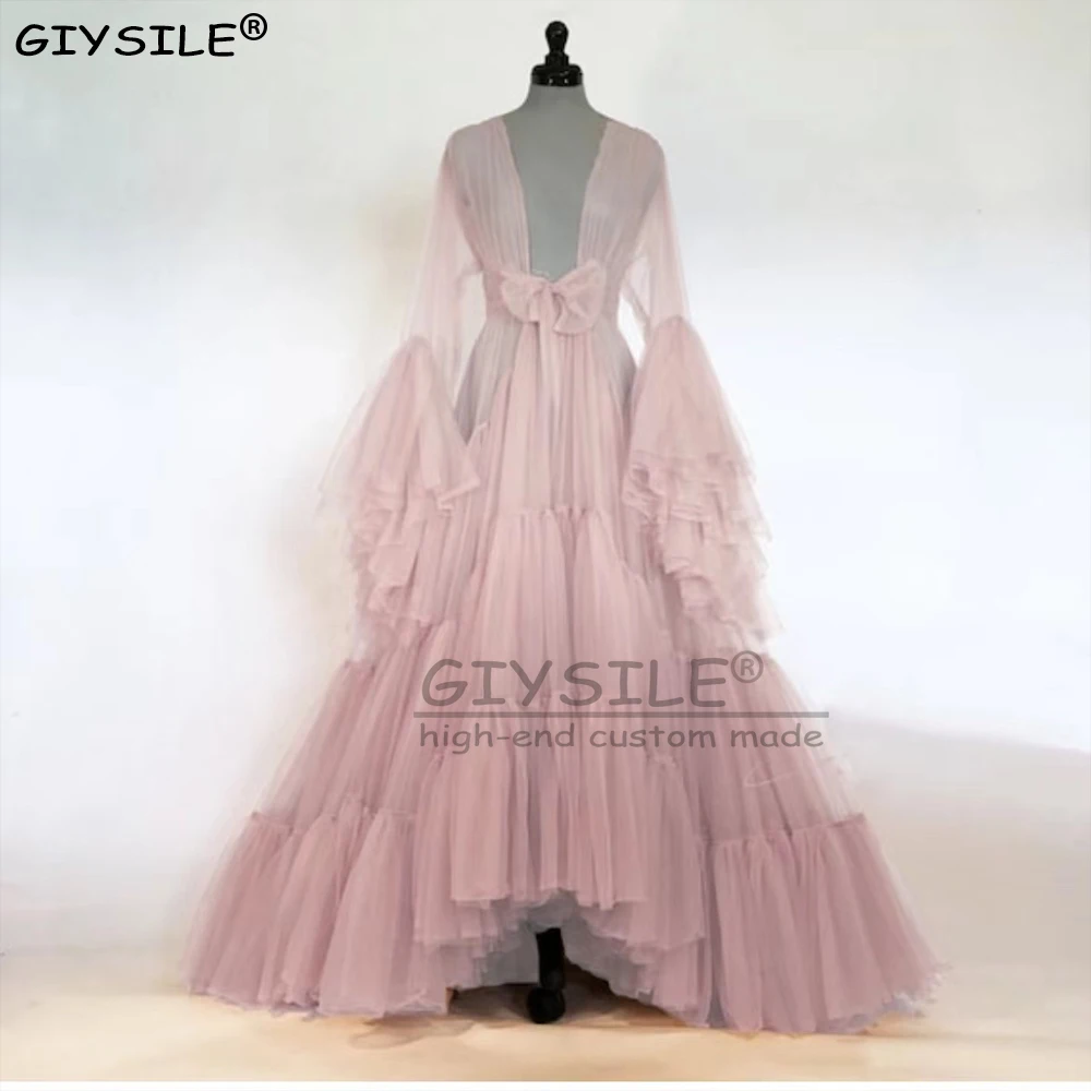 

GIYSILE Customized Bridal Boudoir Robe Tulle Illusion Sexy Trumpet Sleeves Long Costume Made Mingli Tengda Robe De Mariage