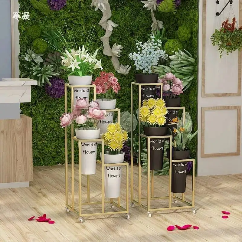 Nordic Flower Shop Flower Bucket Multi Layer Display Plastic Flower Bucket Ladder Movable Shelf Flower Rack Gold Plant Stand