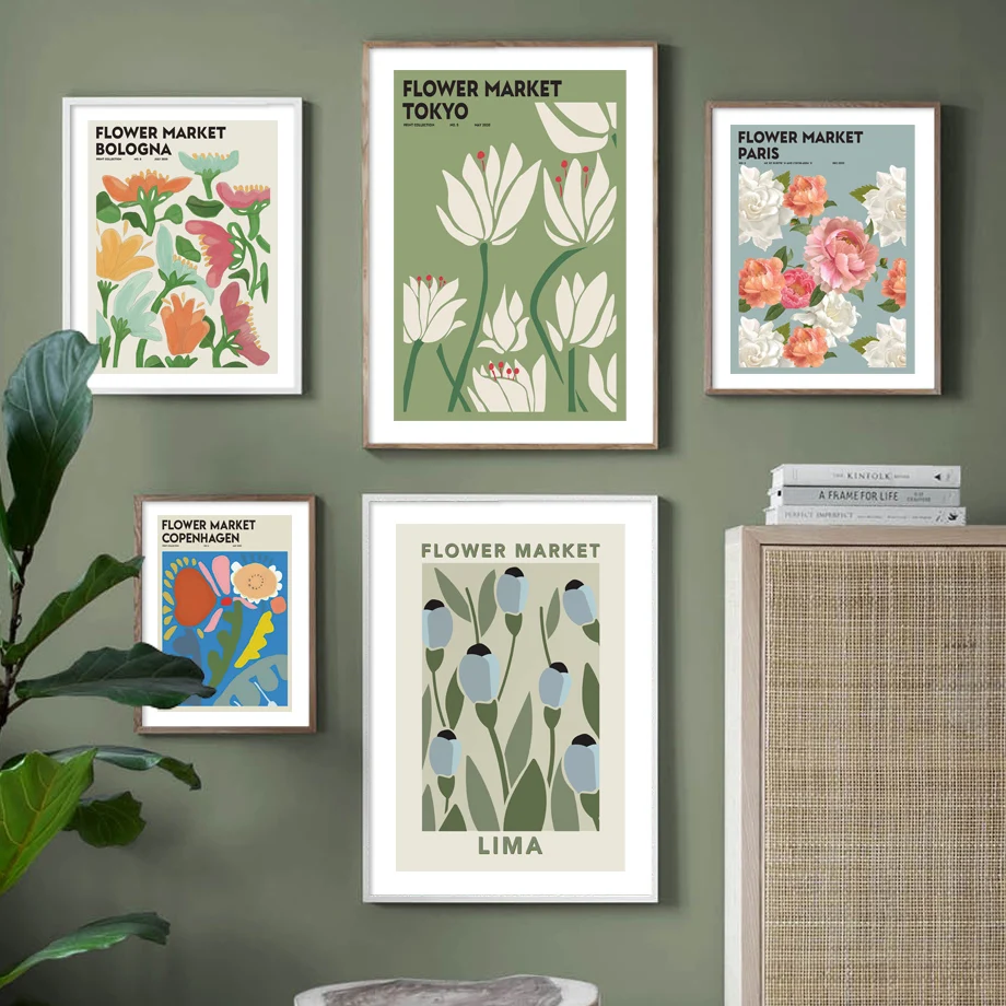 

Vintage Colorful Flower Market Pairs Botanical Print Canvas Wall Art Nordic Poster Plant Decor for Living Room