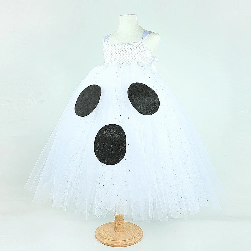 Sparkly White Spooky Ghost Costumes for Girls Carnival Party Disguise Scary Tutus Outfits for Kids Creepy Halloween Long Dresses