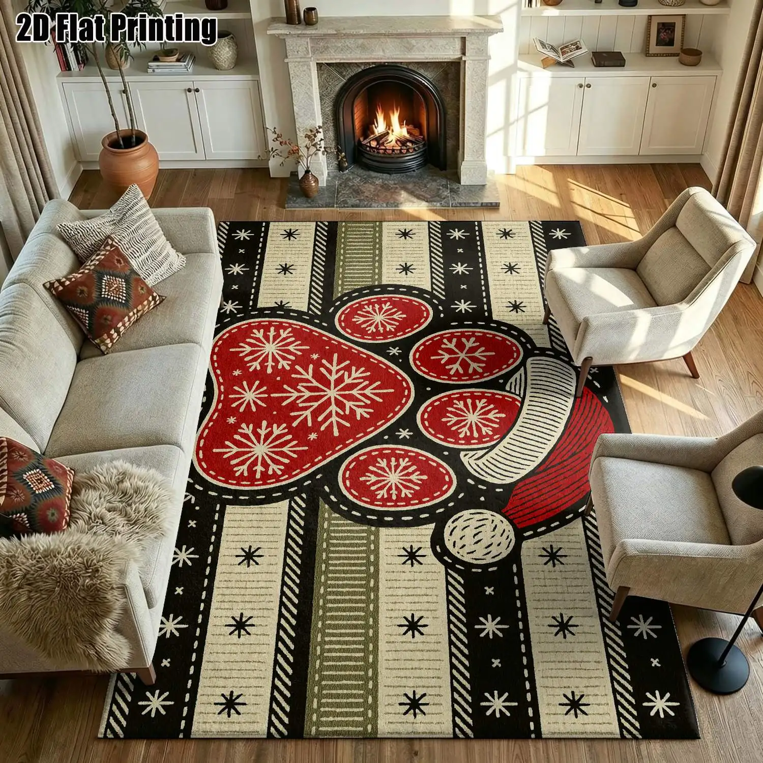 1Pc 2D Printed Retro Red Snowflake Pattern Carpet, Multi-Size Machine-Washable Nordic Geometric Floor Mat for Entrance, Dining, Foyer, Living Room Home Decor