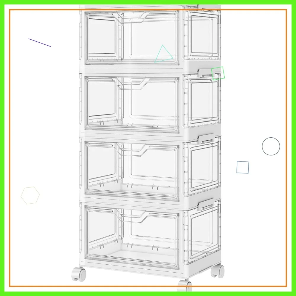

Portable Clear Storage Bins with Lid & Wheels, 24QT Stackable Plastic Bins with Magnetic Doors for Bedroom, Living Room, Office
