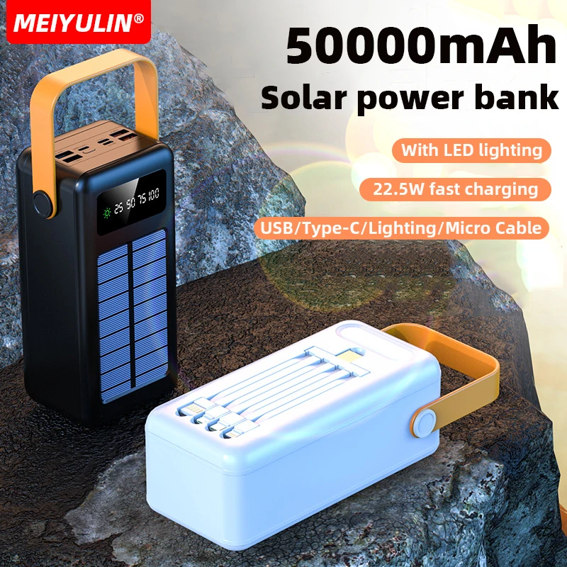 

50000mAh Large Capacity Solar Power Bank Portable USB C PD Cable Fast Charging External Spare Battery For iPhone Xiaomi Samsung