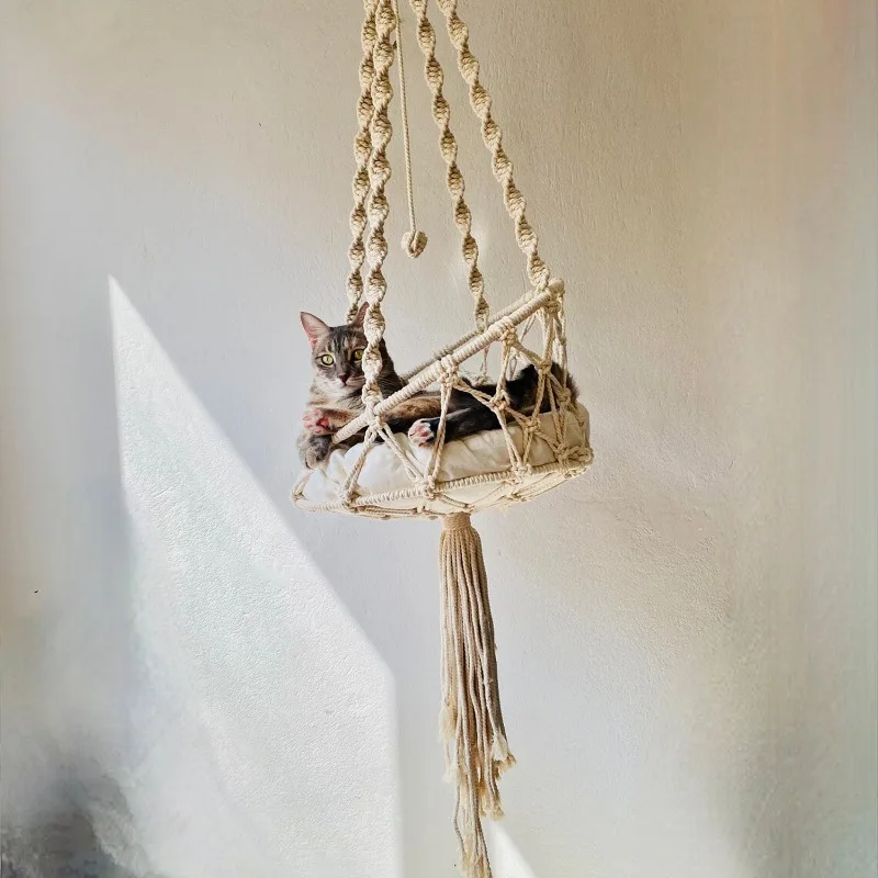 

1pcs Handmade Woven Cat Bed Hammock Basket with Cushion Pet Swing Bed for Cats Dogs Indoor Outdoor Hanging Pet Nest