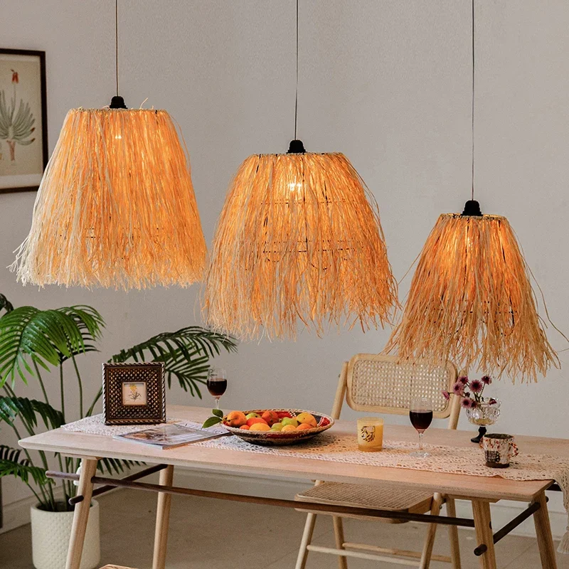 

Nordic Vintage Raffia Wabi Sabi Chandelier Restaurant Bar B&B Cafe Home Decor Led Pendant Lamp Bedroom Hanging Light Fixture