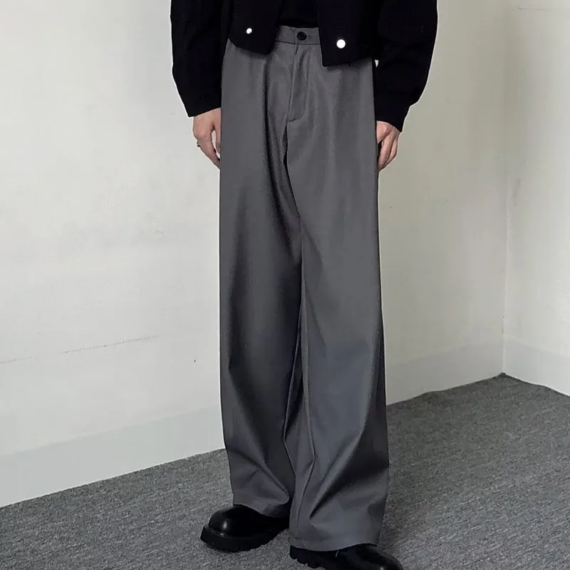 Korean Simple Suit Pants Men Vintage Solid Color Baggy Trousers Straight-leg Draped Casual Pant Thin Clean Fit Wide-leg Trousers