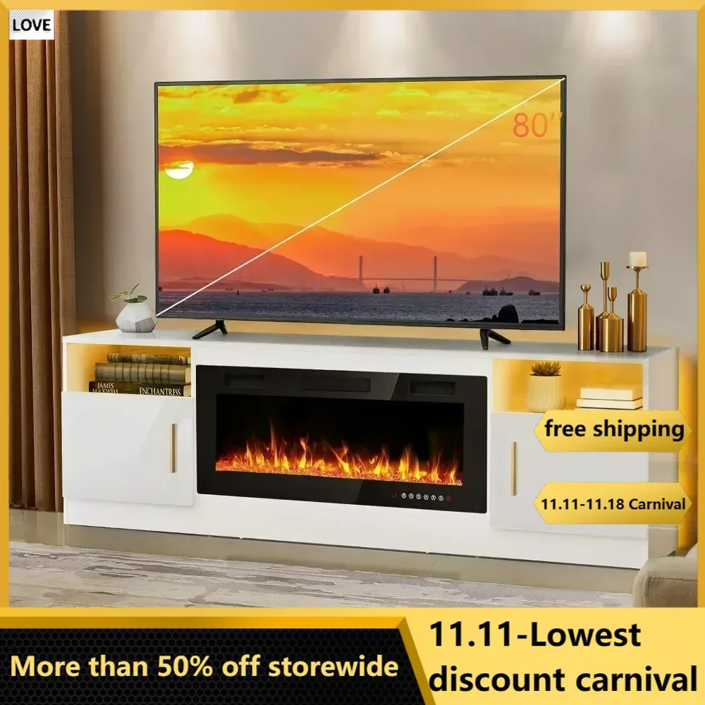 

Fireplace Tv Stand, LED Light Entertainment Center and Storage, 70" Wood Media TV Console with Highlight Cabinet, TV Cabinets