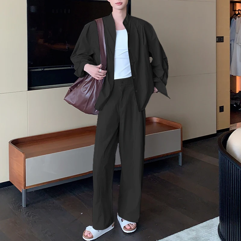 INCERUN Мужские комплекты, однотонная рубашка с длинным рукавом и брюки, комплекты из двух предметов, уличная одежда, свободные модные повседневные мужские костюмы 2025 года-5XL