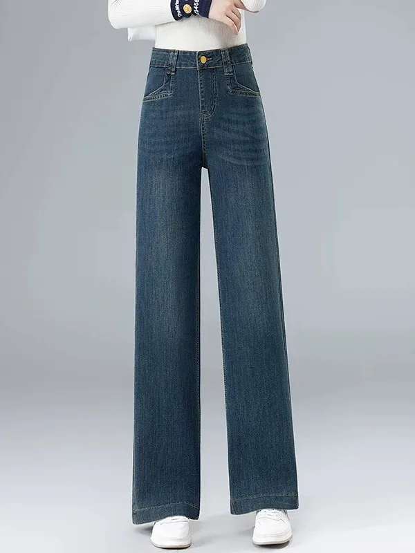 

Retro Slim Wide Leg Denim Jeans Women's Small Size Autumn Winter New Sle Fce Lined Loose Slim Straight Pants