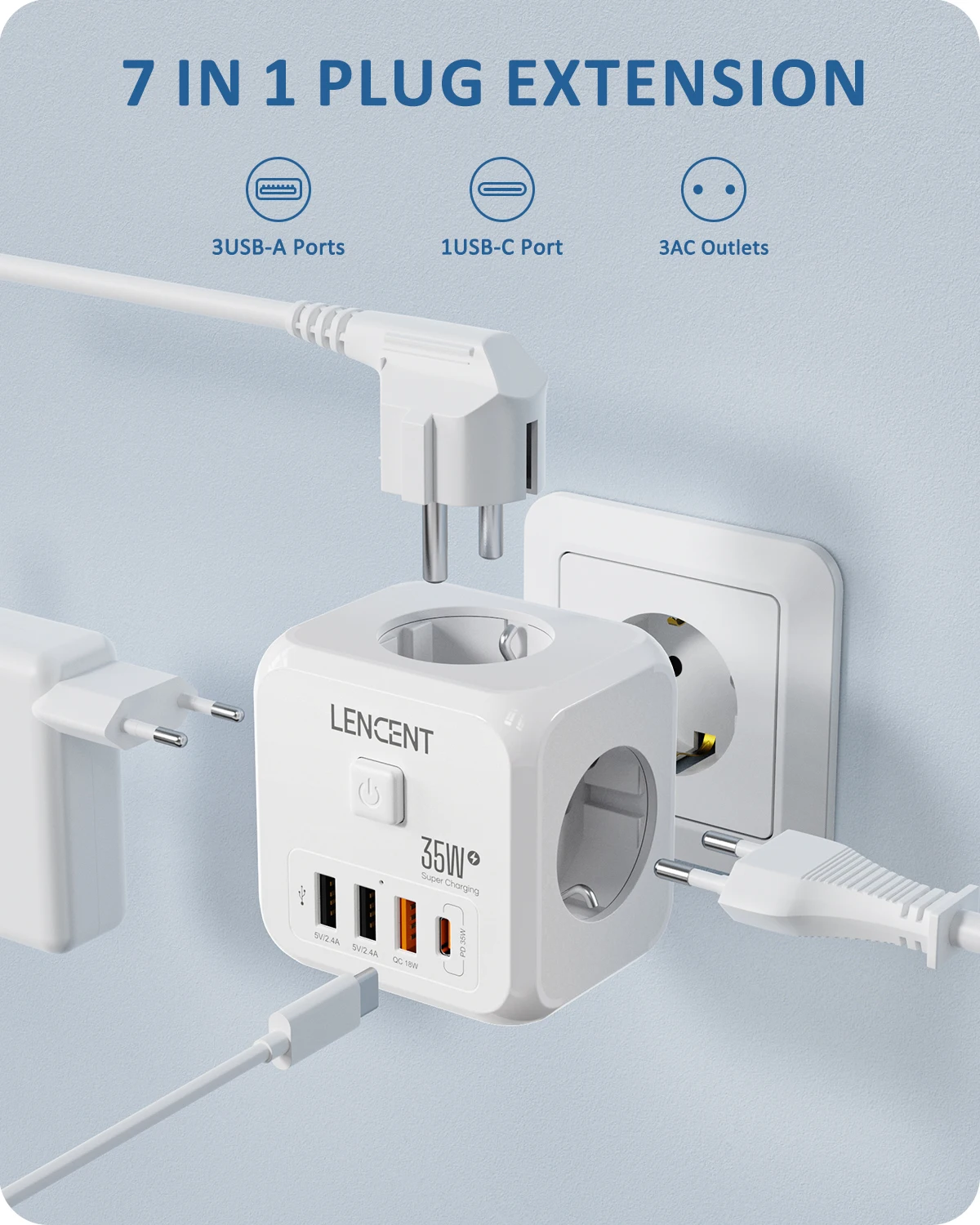 LENCENT EU-Stecker-Steckdosenleiste, Steckdose mit 3 AC+3 USB QC, 18 W + 1 Typ C PD, 35 W, Schnellladeadapter, 7-in-1-Steckdose, Ein/Aus-Schalter