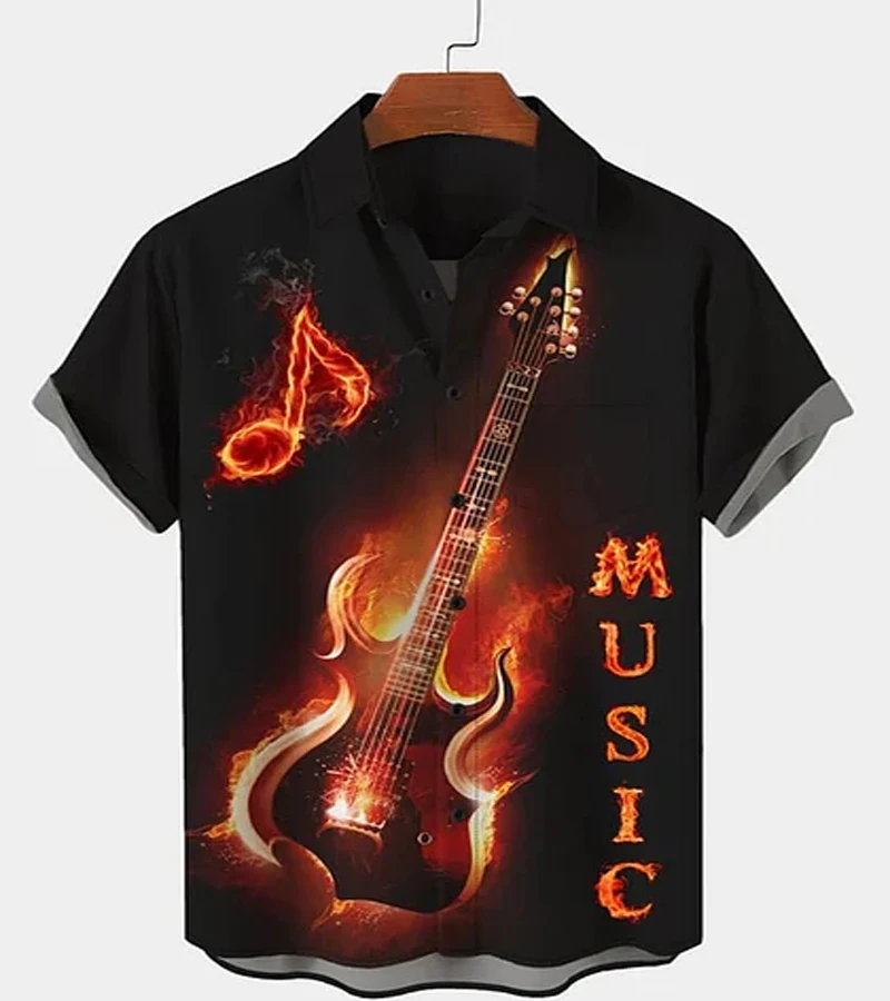 

Men's Boutique Flame Guitar Printed Short Sleeve Shirt Men's Street Casual Wear Men's Fashion Top Men's Sport Breathable Shirt