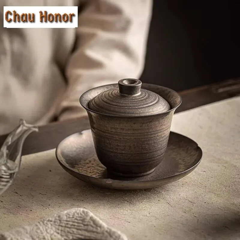 Gaiwan-neumático fino hecho a mano, 150ml, esmalte de hierro oxidado, japonés, antiescaldado, tetera, cubierta, tazón, colección de vasos Cha