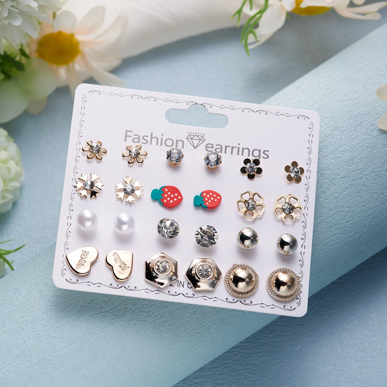 12 Pairs/Set Flower Heart Earrings Set for Women Geometric Rhinestone Simulated Pearl Piercing Ball Earring Jewelry Accessories