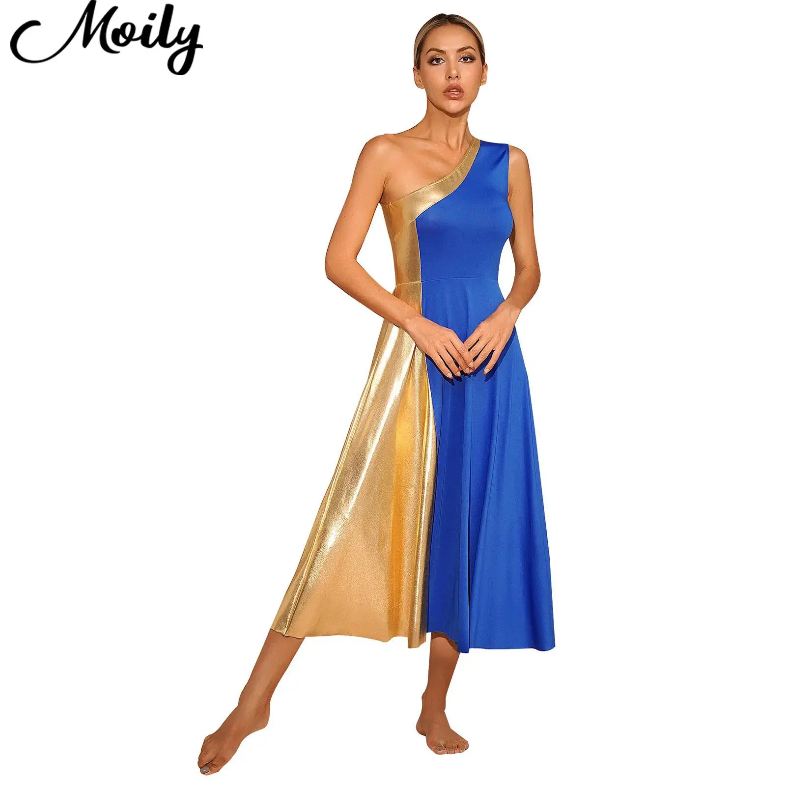 Womens Praise Dance Stage Performance Costume Metallic Color Block Patchwork One Shoulder Sleeveless Long Dress