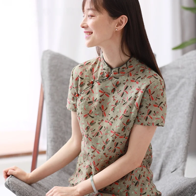 

Retro Chinese Sle Loose Fit ort Sve Linen Print Qipao Dr Women's Summer New Arrival Faionable Slimming Gown