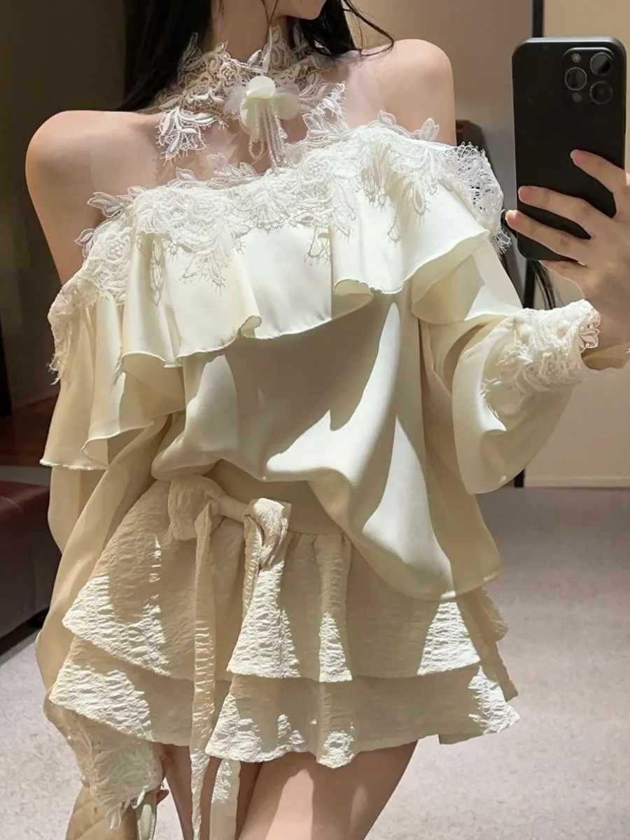 

Комплект из двух предметов: юбка А-силуэта с высокой талией и блузка с цветочной отделкой, с вышивкой и кружевом, для женщин, осень-зима