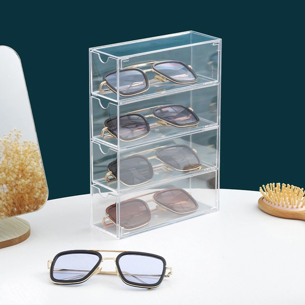 

Acrylic 4-Layer Drawer Storage Box Transparent Dustproof Sunglasses Cosmetic Desktop Glasses Storage Rack Display Organizer