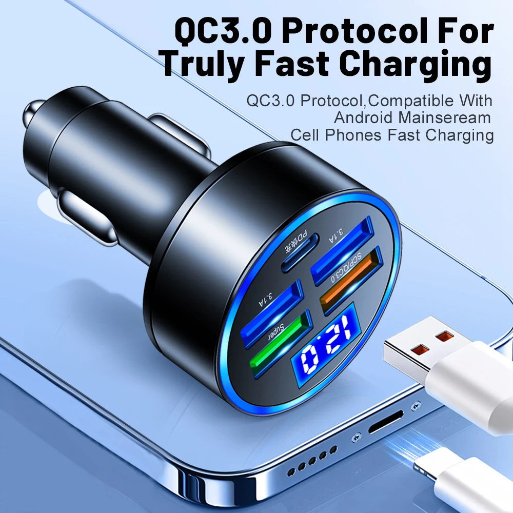 شاحن سيارة 150 وات PD QC3.0 USB Type-c شحن سريع ولاعة السجائر التوصيل 5 منافذ مع عرض الجهد الرقمي آيفون سامسونج