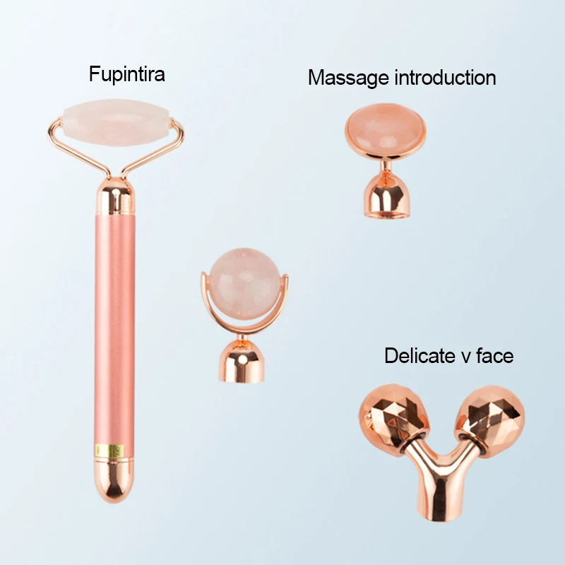 24k ouro 4-in-head massageador facial elétrico vibratório quartzo rosa 3d massageador rolo face lifting corpo facial gua sha jade rolo