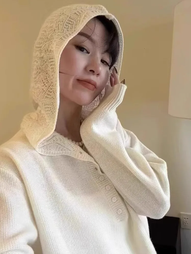 هودي صوفي محبوك للسيدات بأكمام طويلة، قطعة علوية عصرية للارتداء اليومي، تصميم بأزرار نصفية بلون واحد، مريح وأنيق لفصل الخريف #3