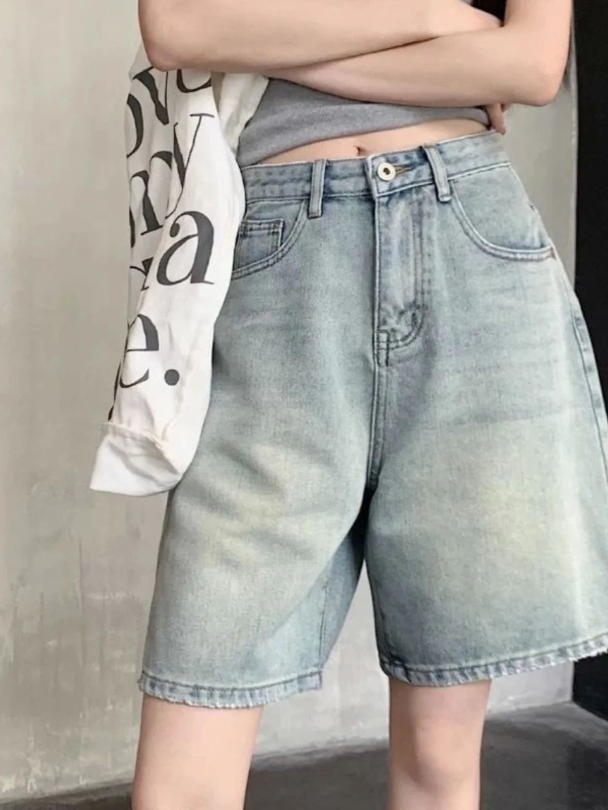 루즈 스트레이트 레그 파이브 쿼터 카우보이 진 하이 웨이스트 스트리트 슬레 캐주얼 팬츠 레귤러 얇은 여름 컬렉션