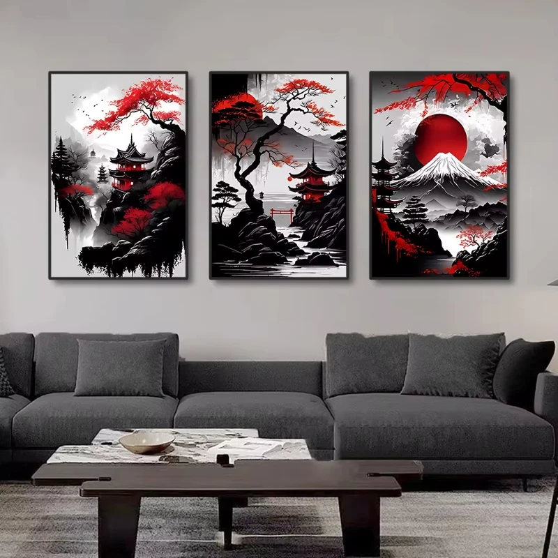 3pcs Vintage Japanese Style Natural Landscape Wall Art Canvas Painting Oriental Black&Red Poster Prints Picture for Home Decor