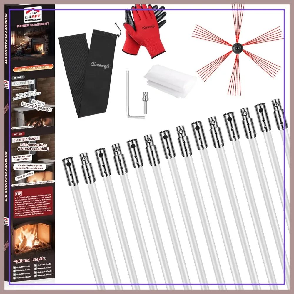 

46ft Chimney Sweep Kit with 14 Flexible Rods, Drill-Driven Rotary Cleaning System for Fireplace