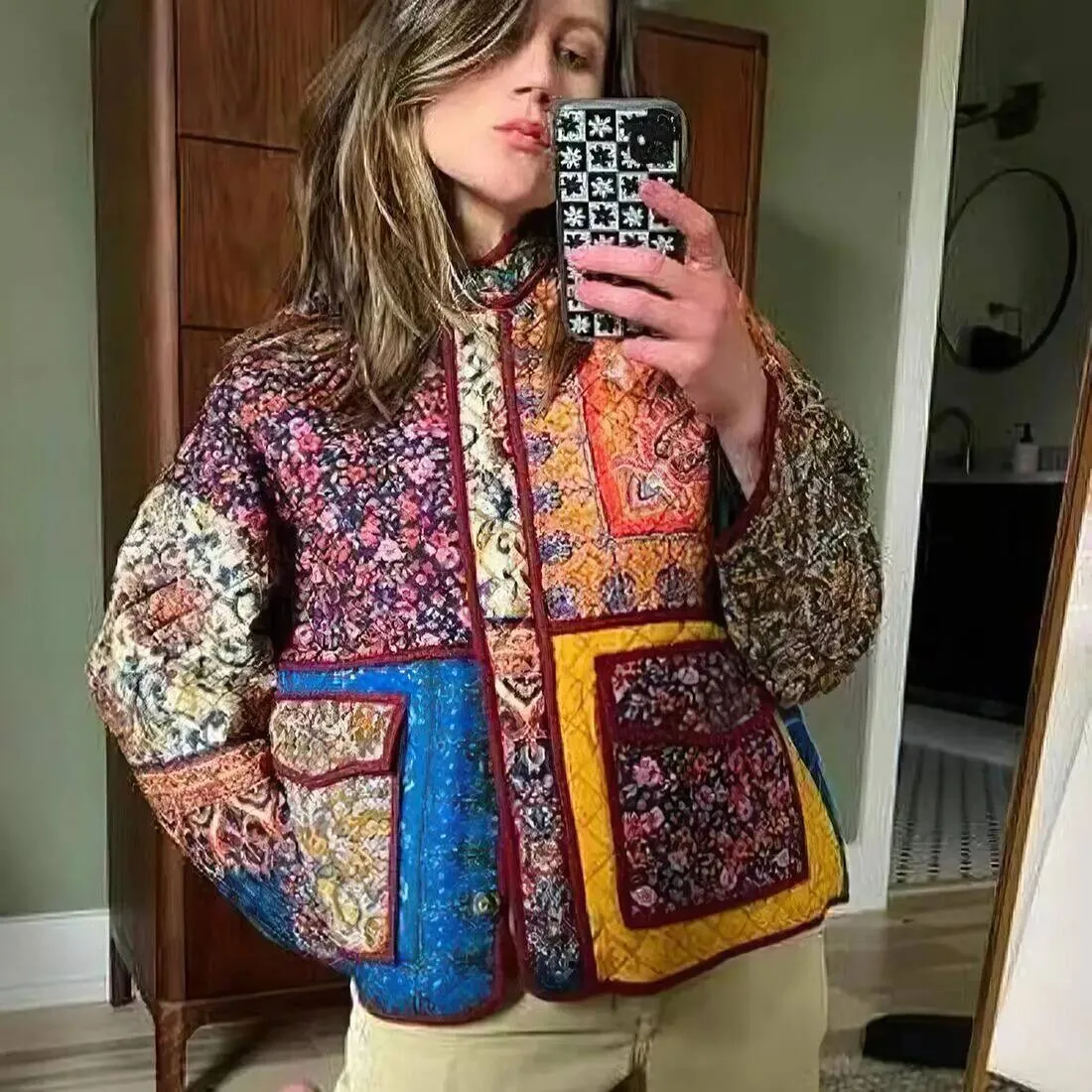 Manteau Long en coton imprimé pour femme, col montant, vêtements d'extérieur décontractés, automne et hiver