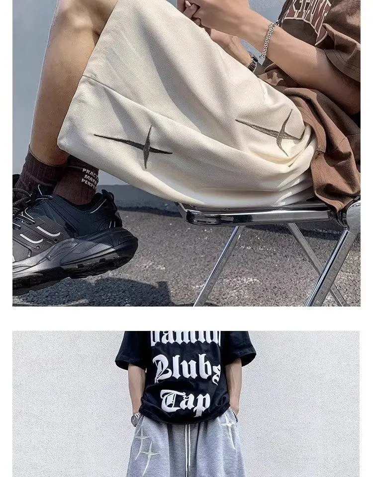 Summer American Retro Embroidered Knitted Men's Versatile Street Loose Straight Five-point Beach Pants