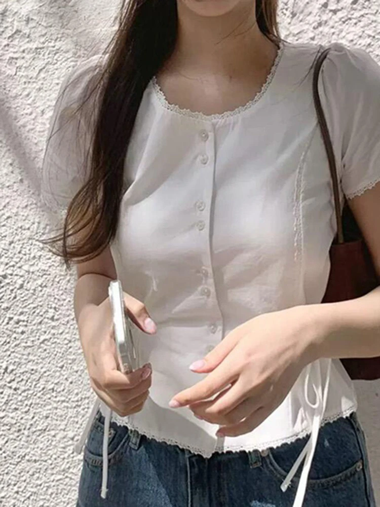 Pure Desire Sle Lace Trim Belted irt Summer New Arrival Women's Slim Fit round Ne ort Sve  Color Commute Sle