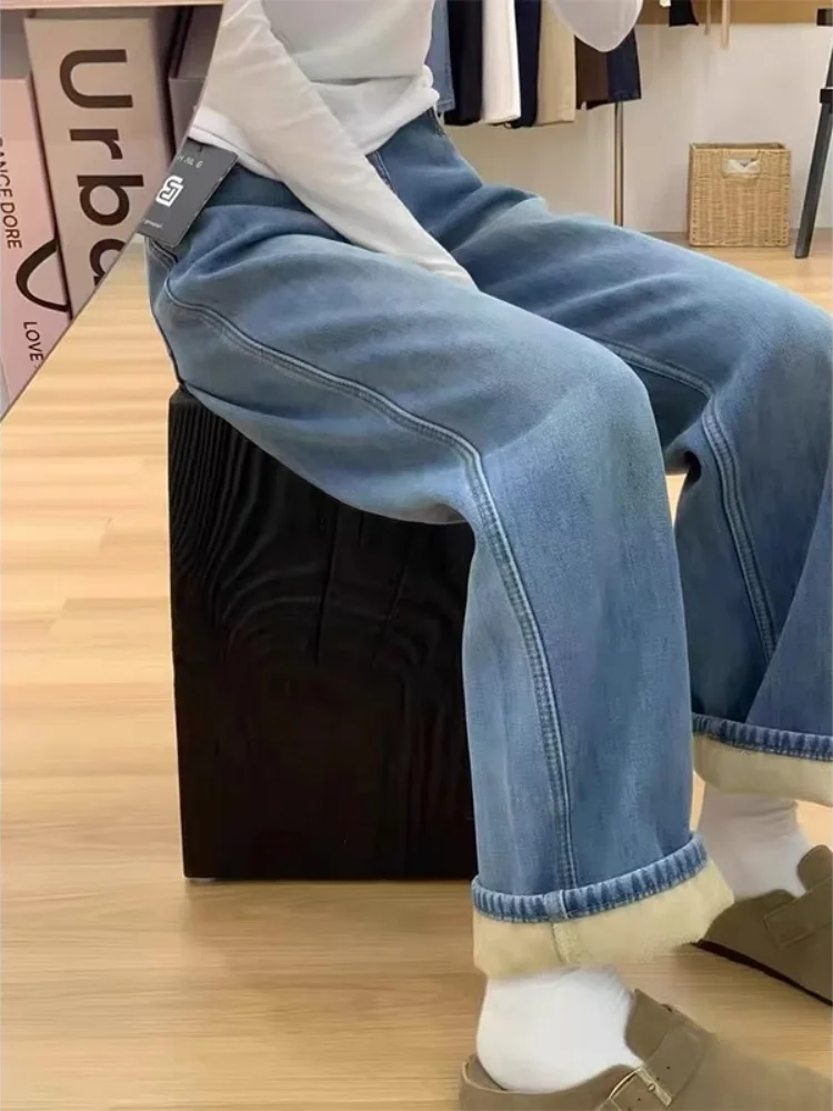 

Джинсы прямого кроя больших размеров с флисовой подкладкой в американском стиле, женские, осенне-зимние, свободного кроя, утягивающие, с широкими штанинами, длинные брюки