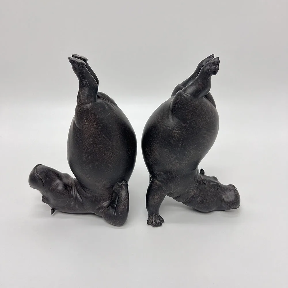 2‑Piece Set Yoga Hippo Resin Figurine Bookends Cute Hippopotamus Animal Sculpture Home Office Bookshelf Desk Decor Ornament Gift