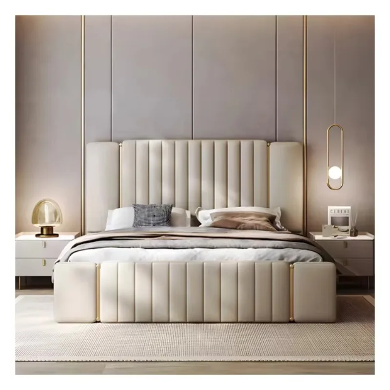 

Italian Style Light Luxury Leather Double Bed Modern Bedroom Queen Size Wooden Bed Frame