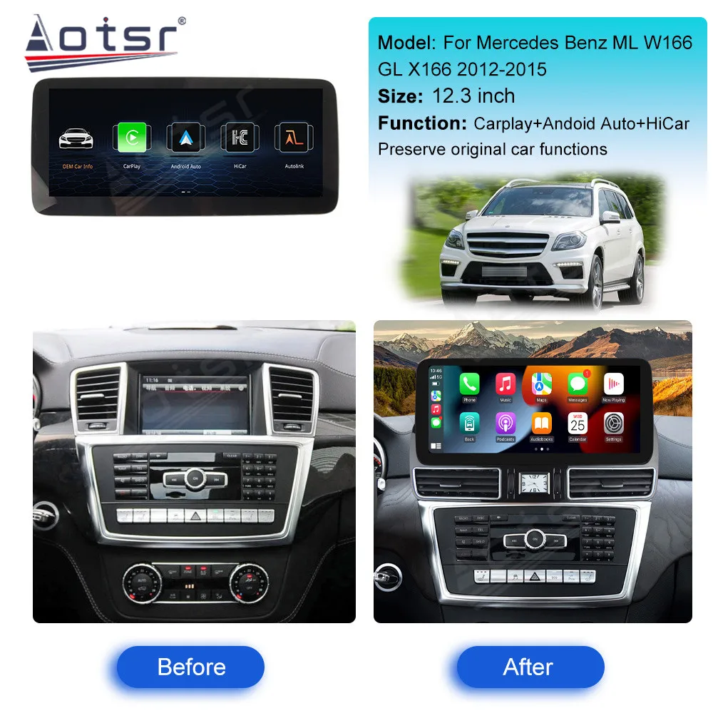 12.3 Inch Wireless Apple CarPlay Android Auto Multimedia Display Screen for Mercedes-Benz ML GL W166 X166 2012 - 2015