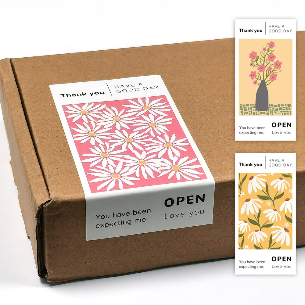50pcs/pack Flowers Thank You Stickers 5x10cm Adhesive Sealing Labels for Small Business Gift Box Baking Cake Package Decoration