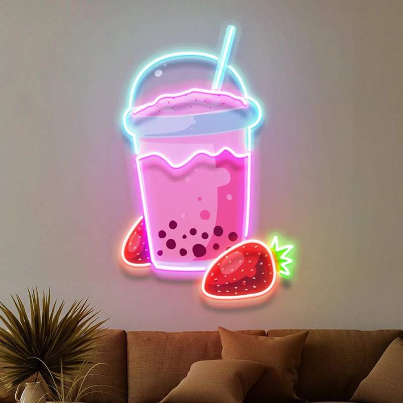 Boba Milk Tea Neon Sign Strawberry Boba Shop Signs Custom Bubble Tea Neon Light Coffee Sweet Store Wall Art Decor Led Lights