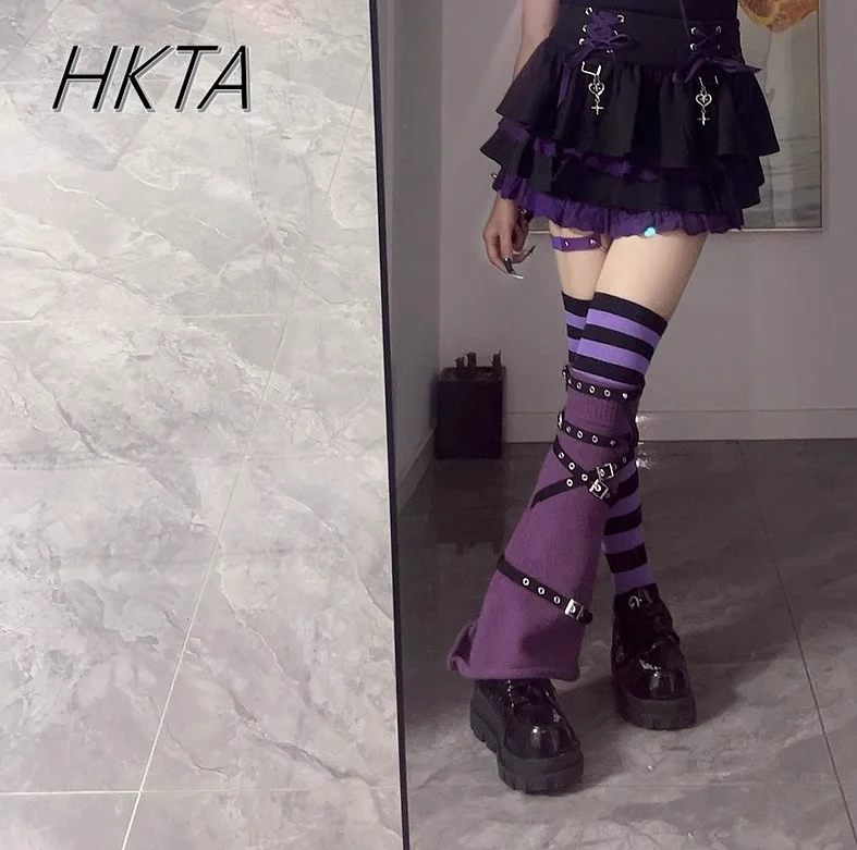 Original Purple Y2k Long Socks Love Metal Buckle Leg Cover Dark Punk Leg Ring Cross Jk Knee Socks Cover Women Leg Warmers Socks