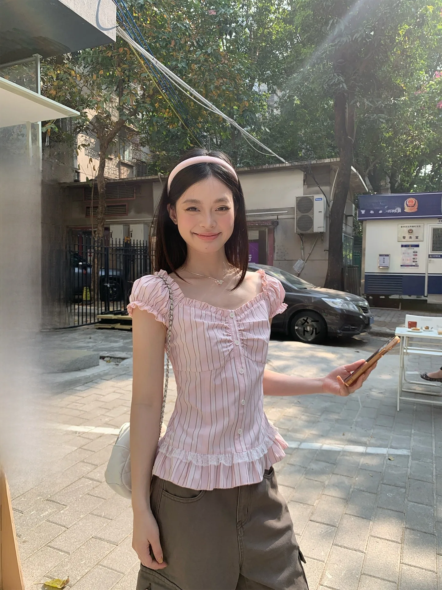 

Pink Slim Fit Shirt One Shoulder Design Short Sleeve Women's Summer Striped Top Comfortable Breathable Korean Style Business