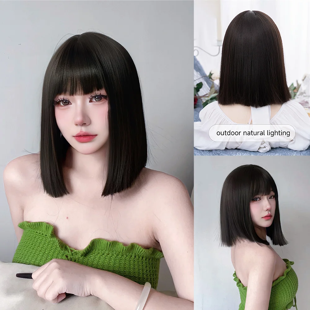 Wig sintetis Lolita warna hitam Jet 14 inci dengan Wig rambut lurus Natural Medium untuk penggunaan sehari-hari pesta tahan panas