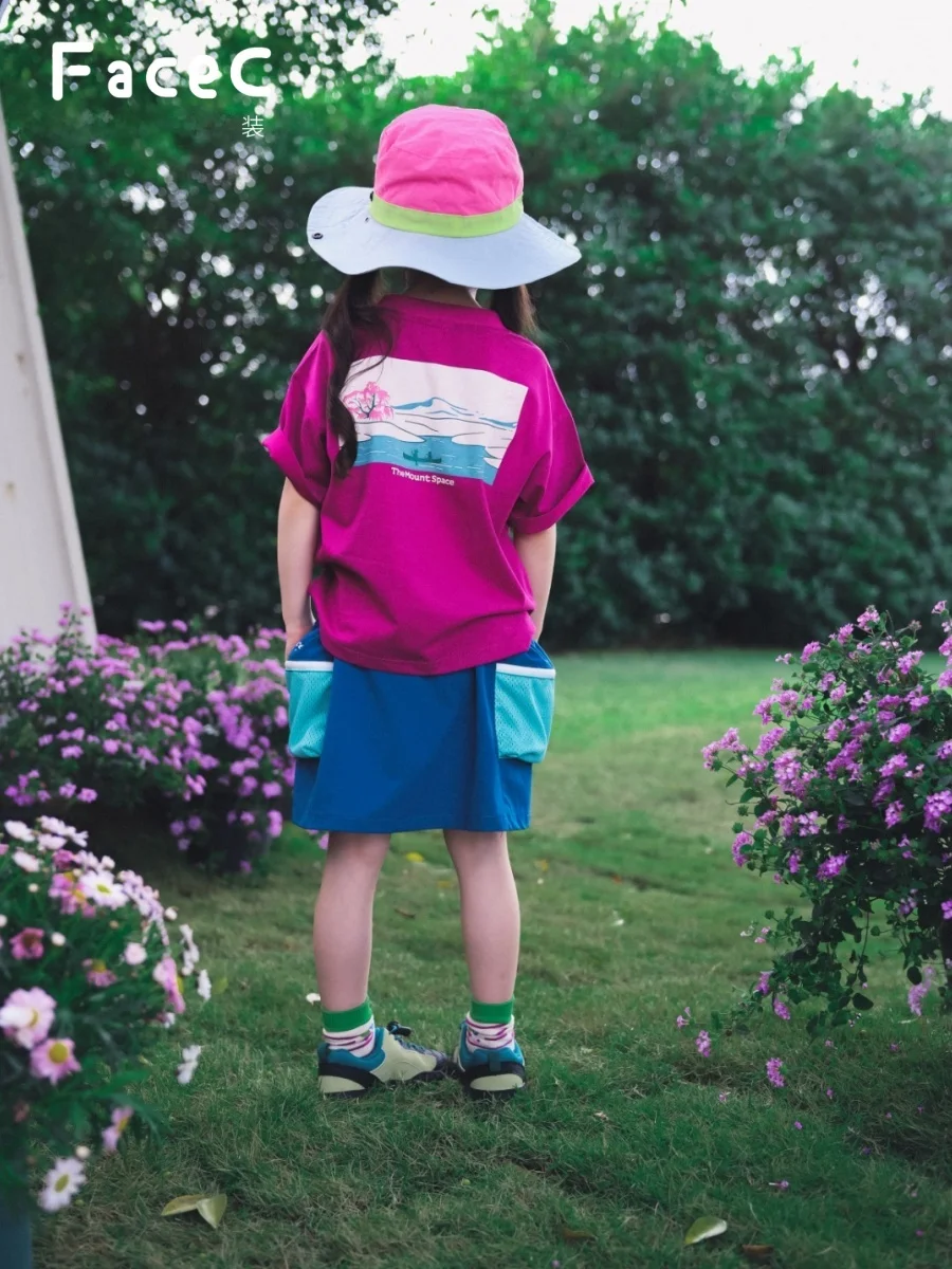 

FaceC Summer New Loose Kids T-Shirt Short Sleeve Outdoor Sports Camping Top for Girls Breathable Cotton Polyester Blend