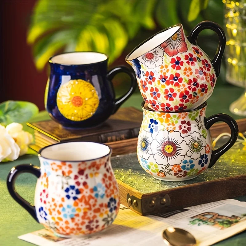 Mug en céramique à large ouverture de style poterie polonaise, motif floral peint à la main, grande capacité pour café, thé et lait