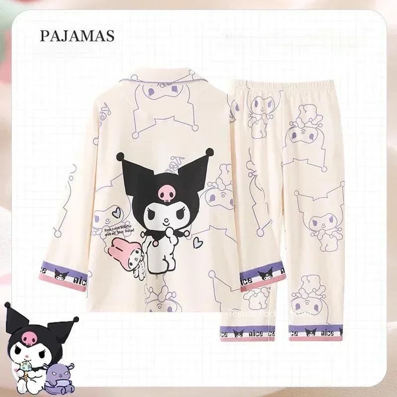 Sanrio My Melody Long Sleeved Pajamas Set Cartoon Anime Character Kuromi Pattern Student Kawaii Lapel Home Dormitory Clothes