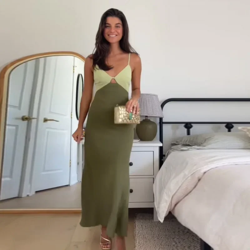 

Sexy Contrasting Color Maxi Dress Sleeveless Backless Slimming Outwear Solid Robe 2025 New Summer Lady High Street Y2k Vestidos