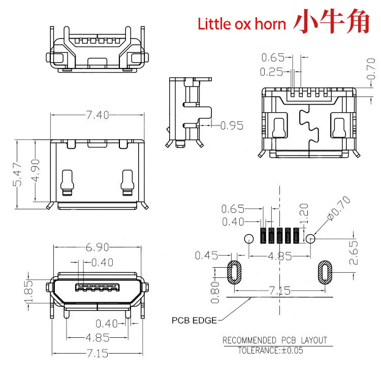 5 Stück Micro-USB-Anschluss 5-Pin Buchse 7,2mm Ochsenhorn-Flachrolltyp B Mobiltelefon-Ladeanschluss – Detail 5