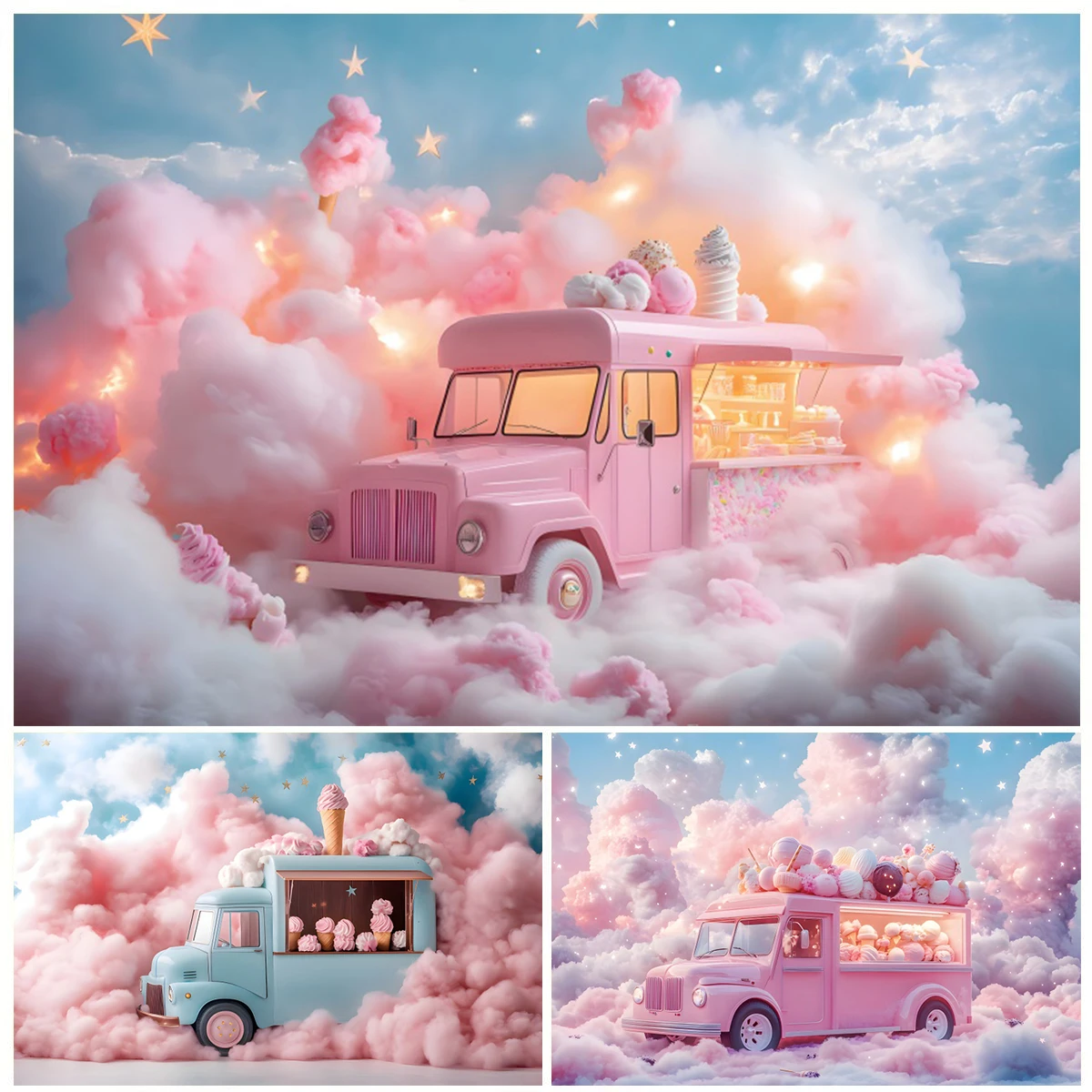 

Pink Ice Cream Truck Theme Photography Backdrops Ice Cream Candy Sweet Baby Birthday Party Decor Background Photo Studio Props