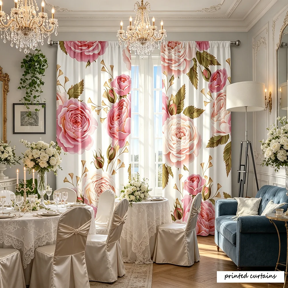 2PCS Large Pink Rose Floral Print Curtains, Applicable to floral curtains, window curtains, print curtains, curtains for bedroom