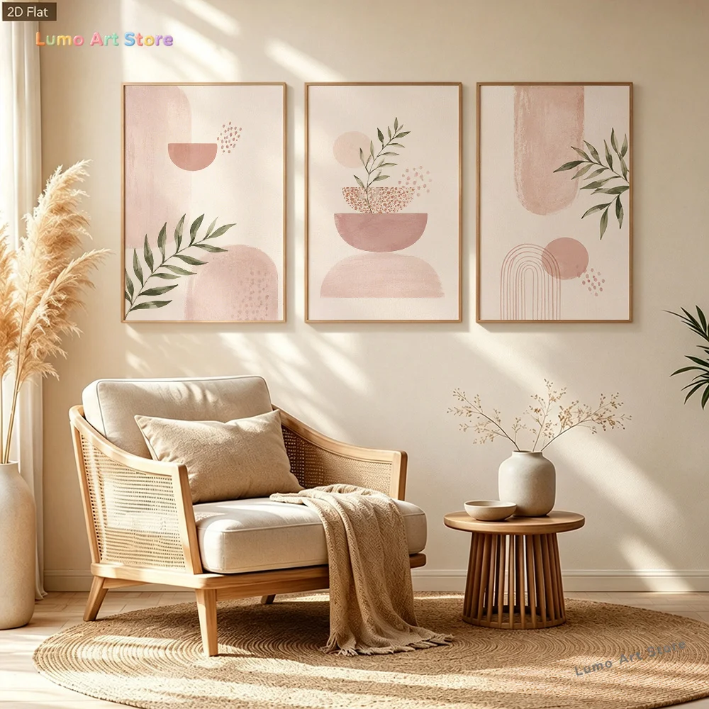 2D Flat, 2D/Flat 3pcs Minimalist Abstract Geometric Greenery Wall Art, Wabi-Sabi Style Blush Pink Tone Canvas Print, Nordic S