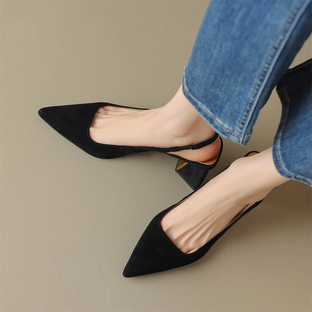 Taoffen Genuine Cow Leather Sandals Square Heel Women Modern Sandals Closed Pointed Toe Sandals Buckle Strap Solid Heels Shoes