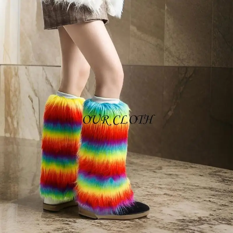 Multifunctional Plush Leg Warmers for Outdoor Activity Rainbow Boot Covers Cuffs Y1AC