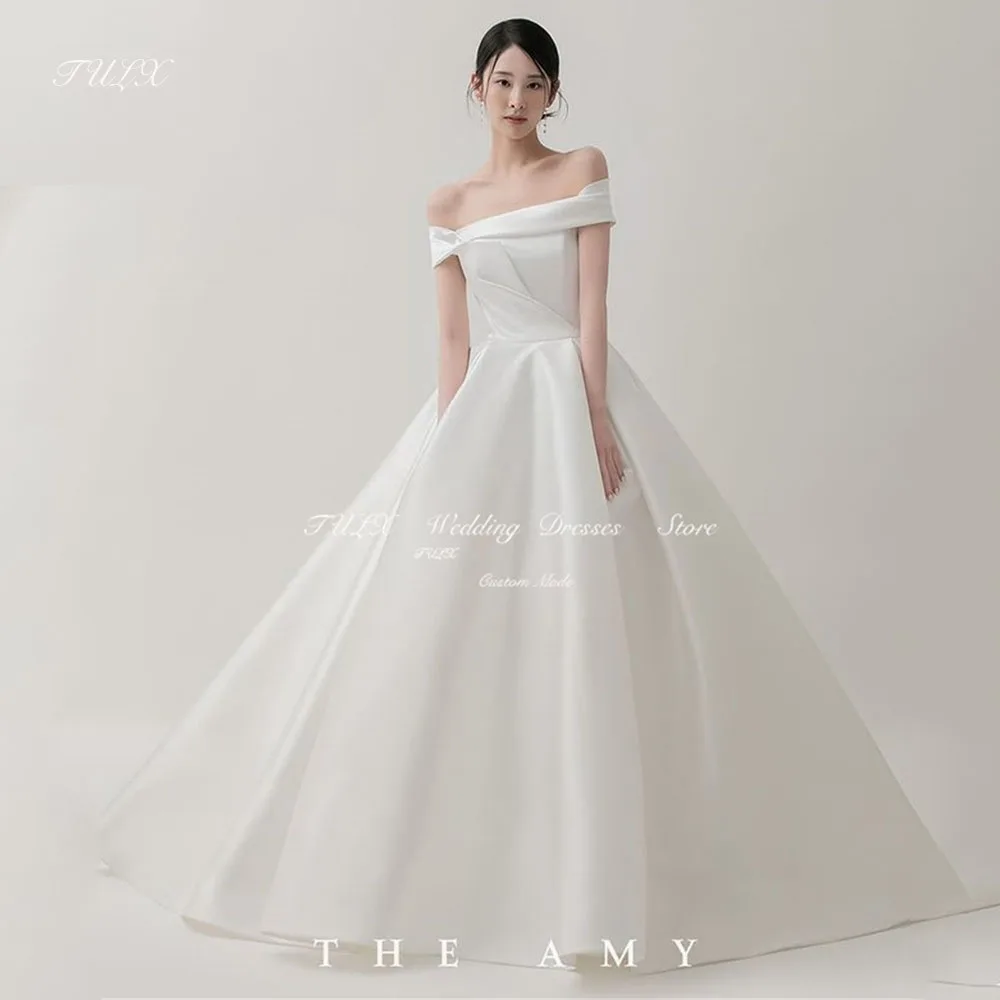 

TULX Off Shoulder Satin Ivory Wedding Dress Korea Photo Shoot A-line Long Elegant Bridal Gown Corset Custom Made Wedding Robe